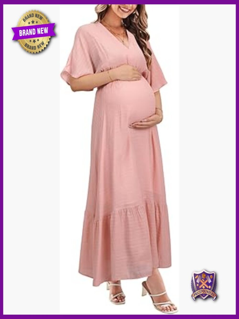 Boho Maternity Maxi Dress V Neck Short Sleeve Flowy Long Dress